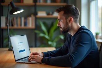 Homme accédant à un espace membre en ligne depuis son bureau à domicile en France