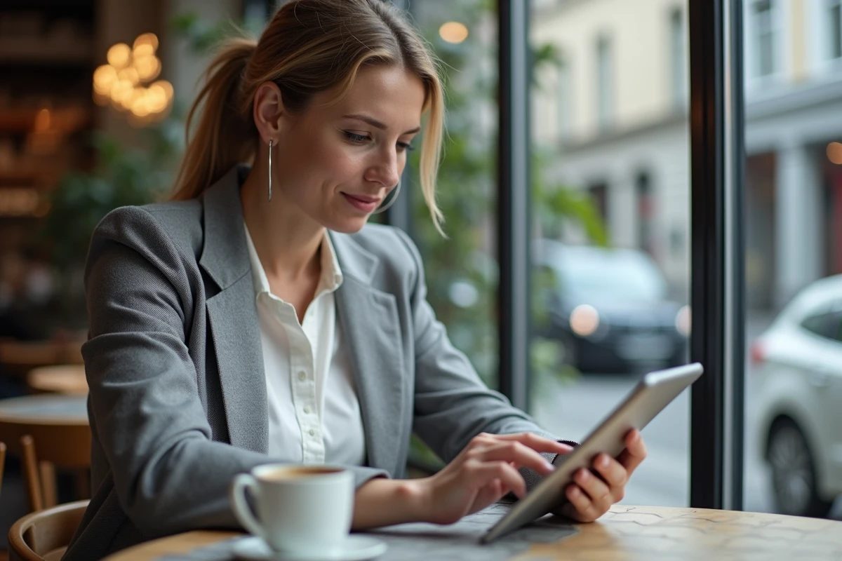 Femme consultant un espace membre depuis un café en Belgique sur une tablette