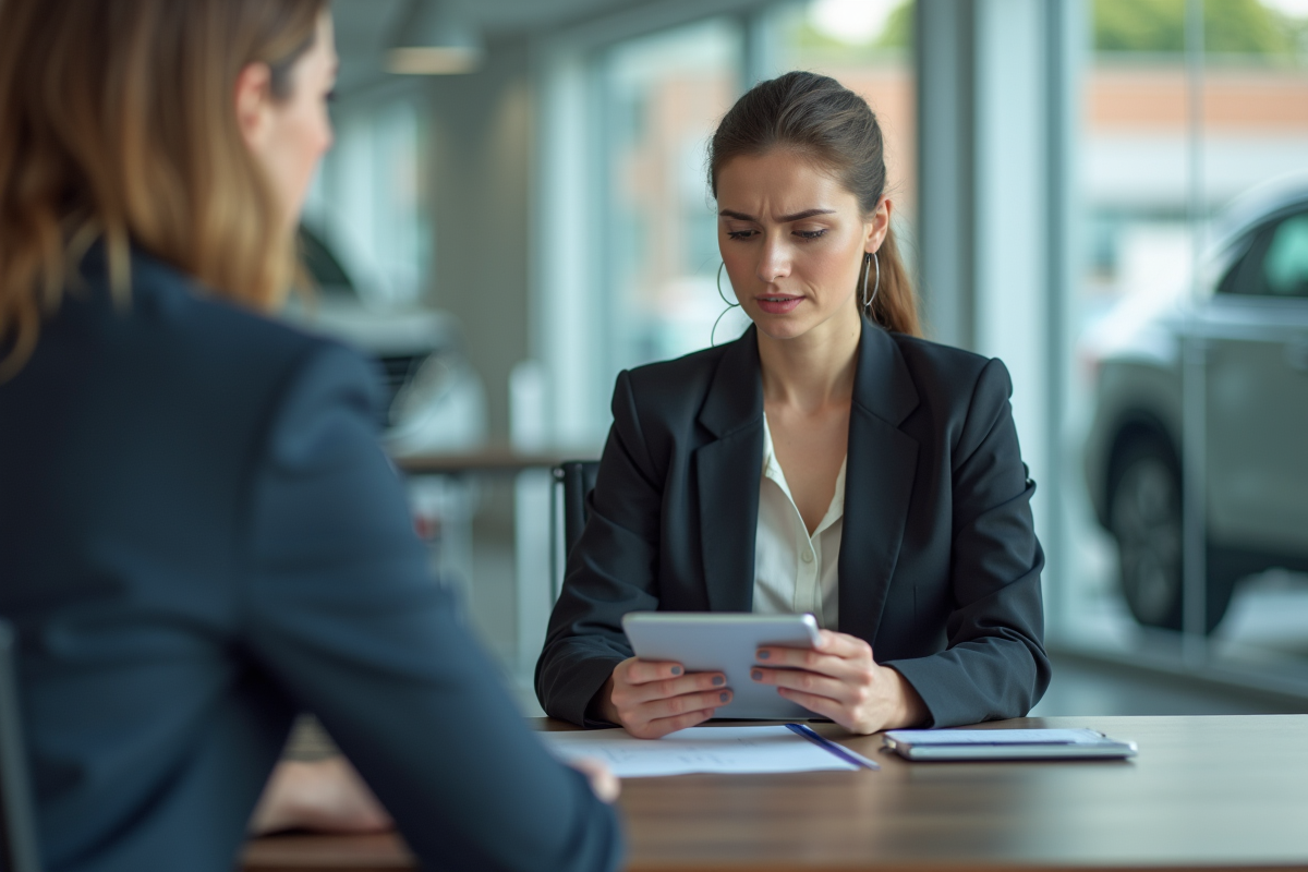 Jeune femme acheteuse de voitures frustrée discutant avec un conseiller