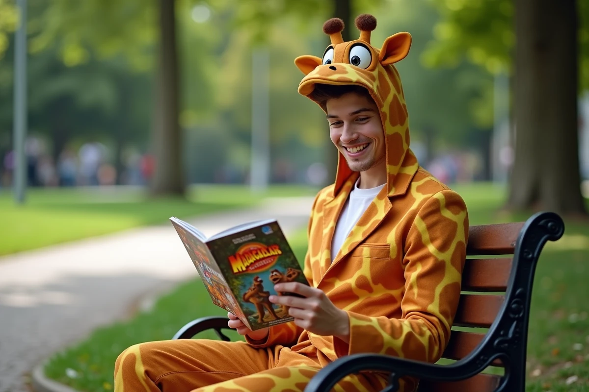 Jeune acteur en costume girafe dans un parc ensoleille