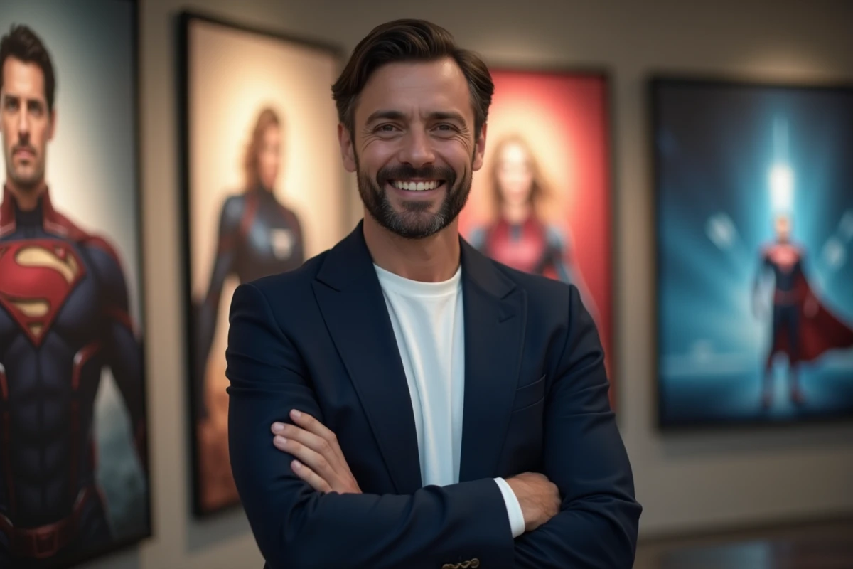 Acteur principal du film Spider-Man posant devant un mur d'affiches promotionnelles de super-héros