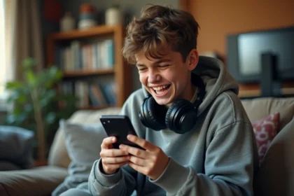 Adolescent qui rit aux éclats en regardant une vidéo brainrot sur son smartphone dans un salon décontracté