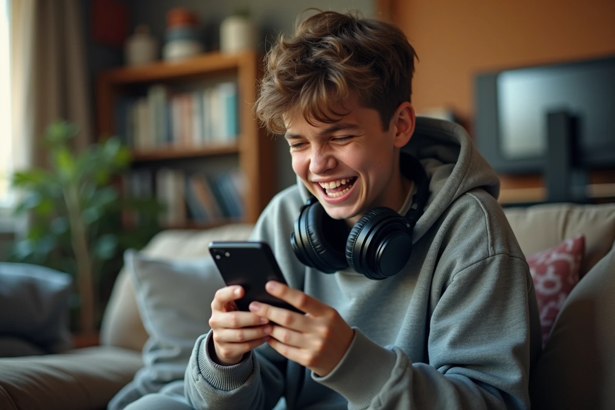 Adolescent qui rit aux éclats en regardant une vidéo brainrot sur son smartphone dans un salon décontracté