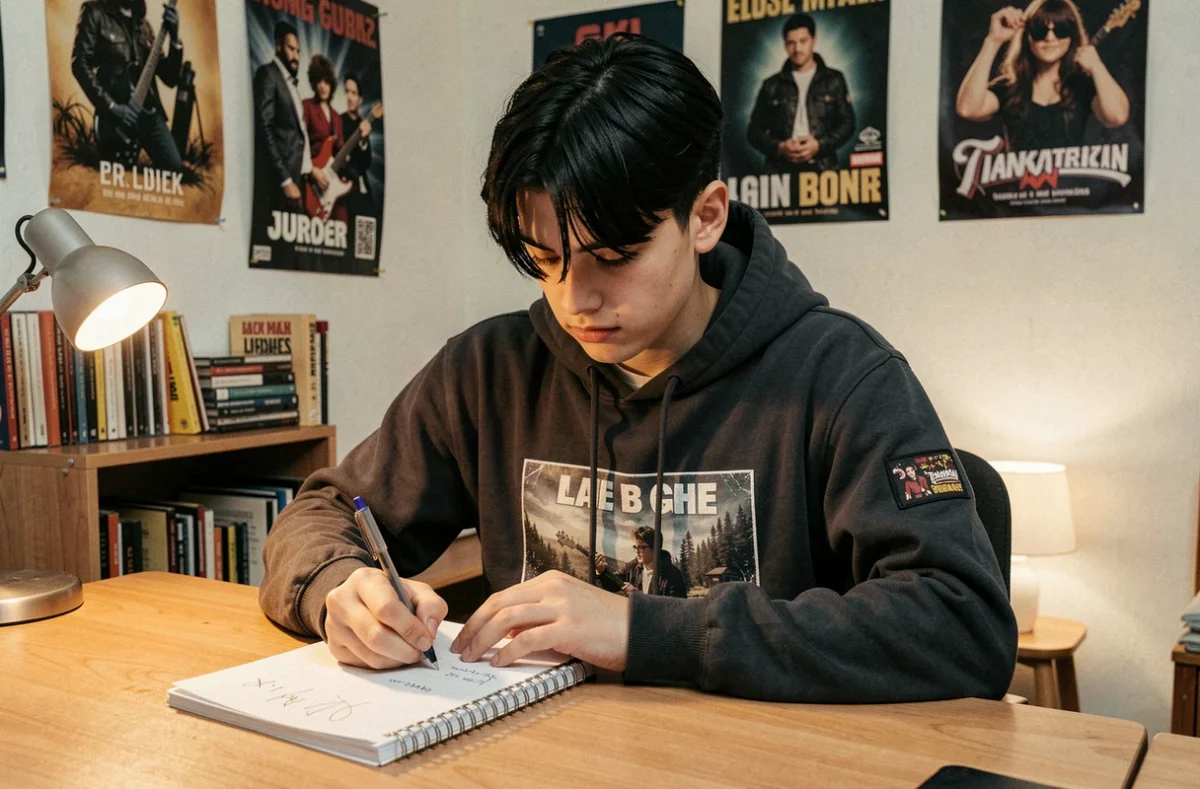 Adolescent emo écrivant dans un carnet dans sa chambre décorée d'affiches de groupes de rock, illustrant l'expression émotionnelle au cœur de la culture emo