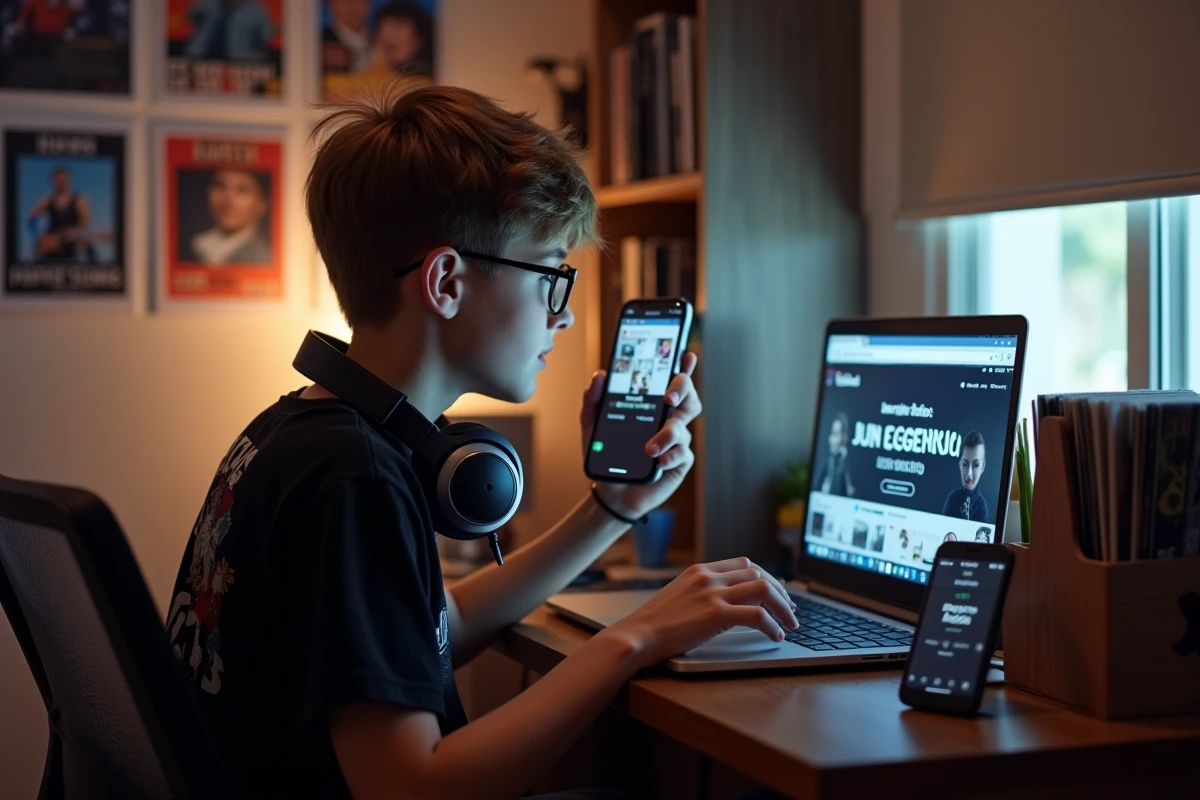 Adolescent cherchant la fréquence de Skyrock en ligne sur ordinateur portable et smartphone dans sa chambre