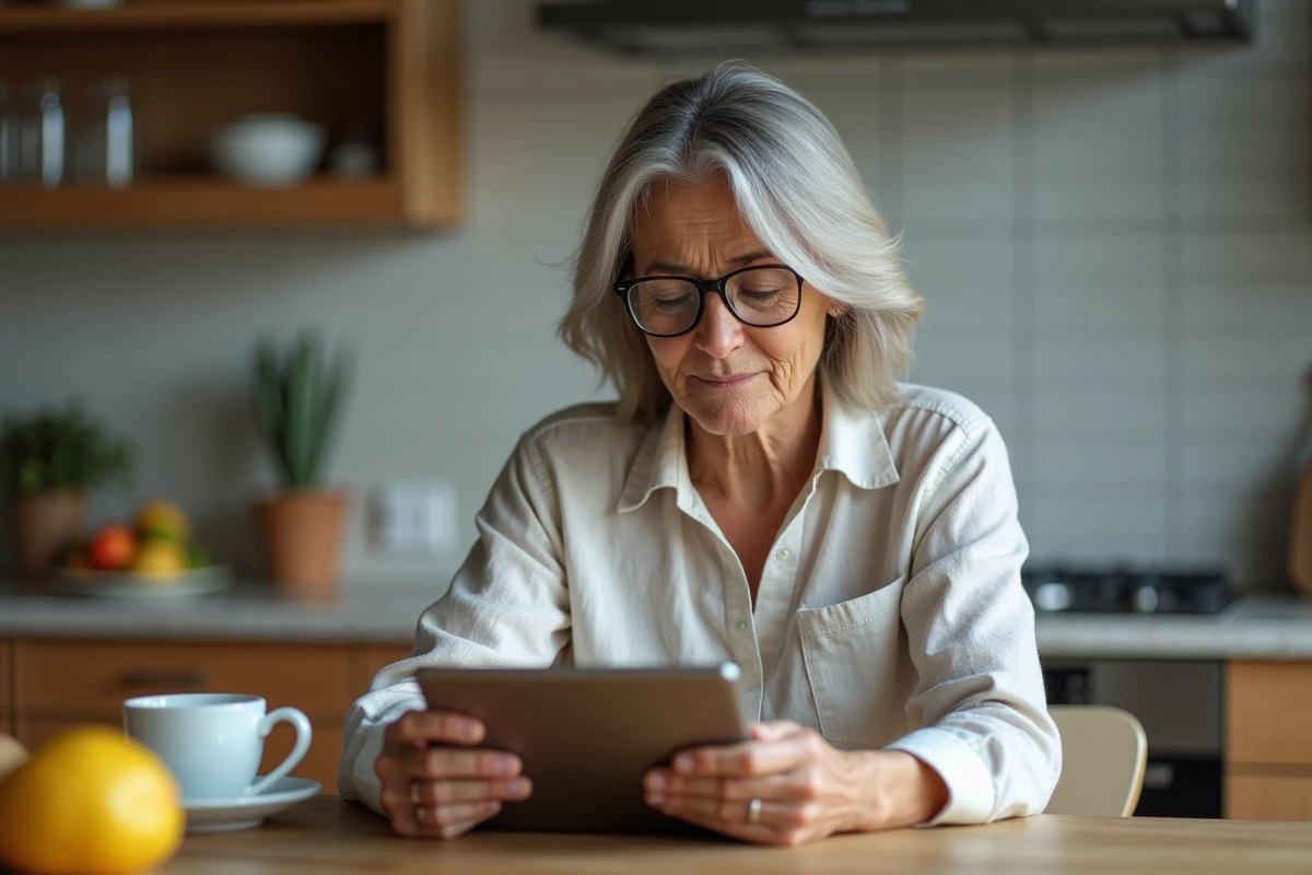 Femme adulte perplexe devant une vidéo brainrot incompréhensible sur une tablette dans une cuisine moderne