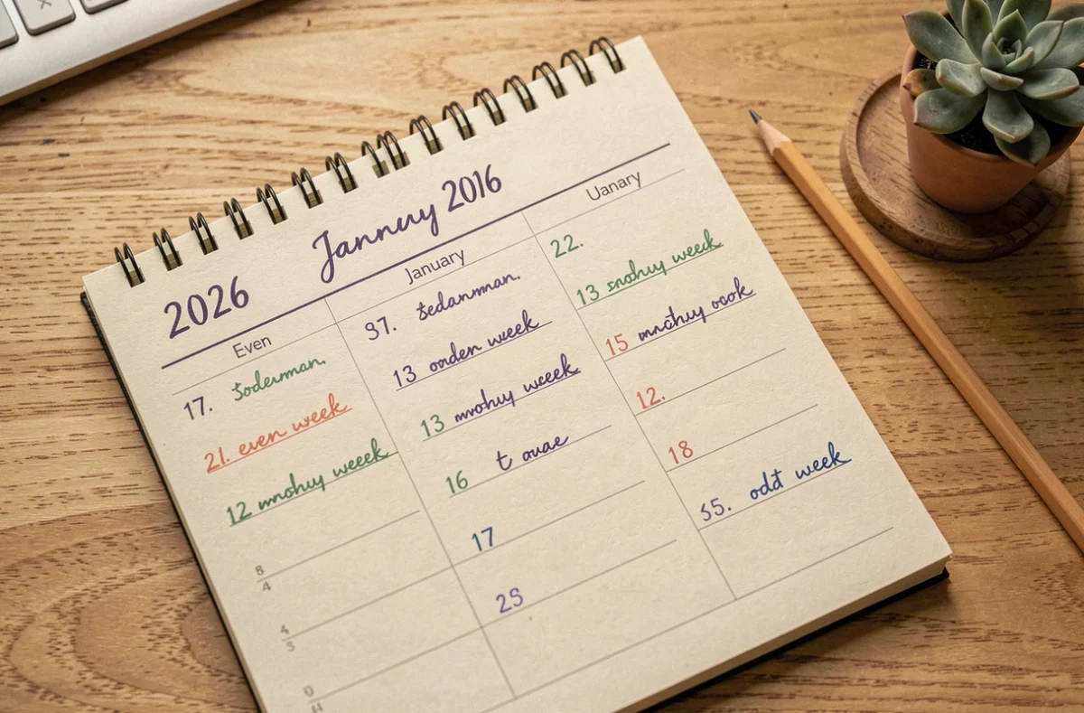Agenda mensuel janvier 2026 ouvert avec numéros de semaines paires et impaires annotés à la main