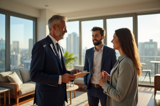 Agent immobilier en costume bleu parlant avec un couple dans un salon lumineux