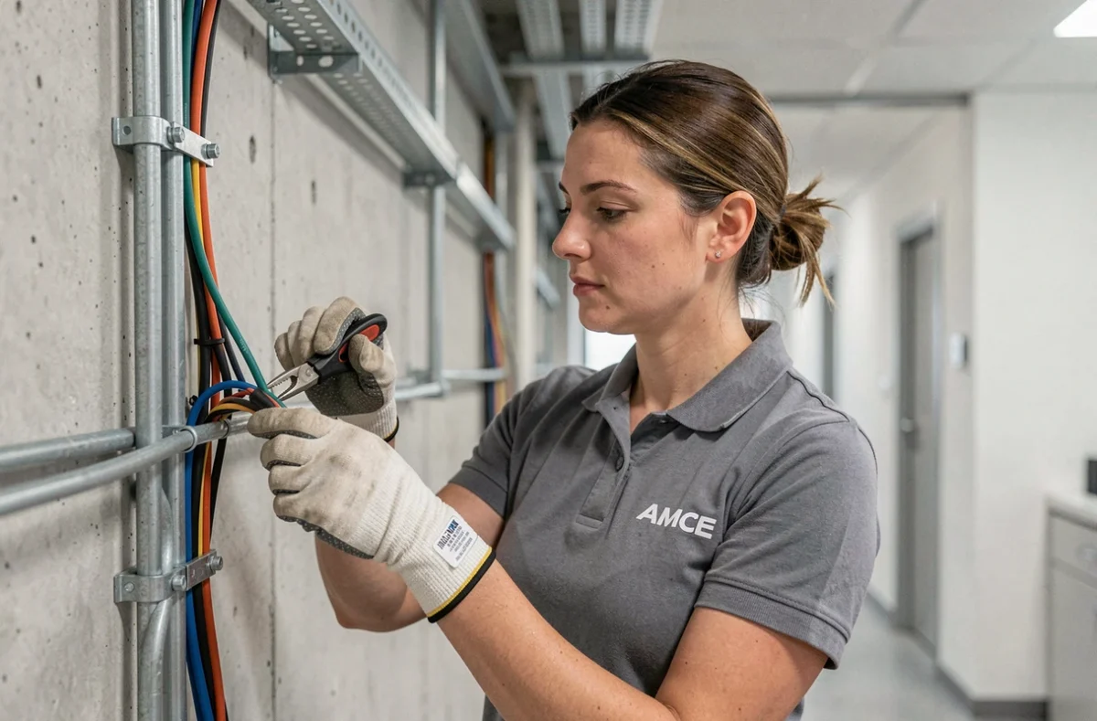 Électricienne de l'entreprise AMCE câblant un conduit électrique dans un bâtiment commercial