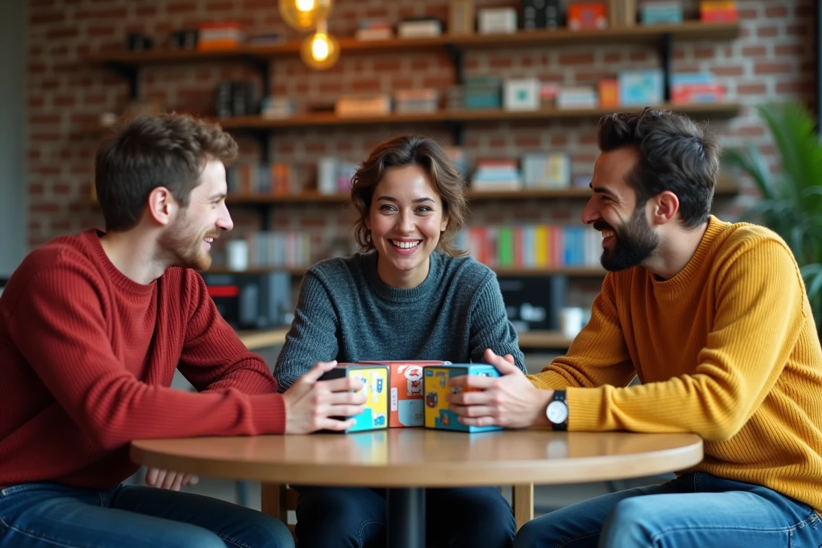 Trois amis discutant de jeux de société dans un café moderne