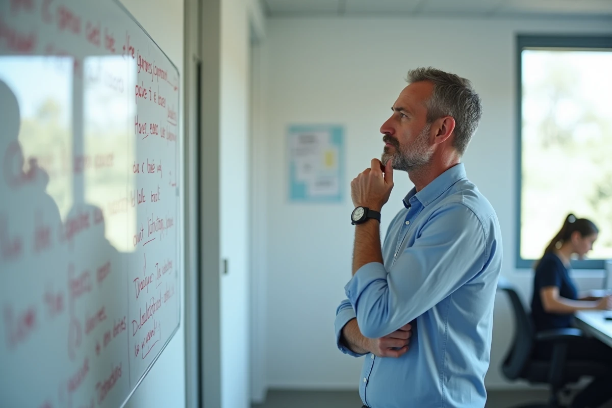 Homme en bureau analysant une phrase incorrecte écrite au tableau blanc dans un contexte professionnel moderne
