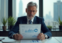 Analyste financier en bureau avec rapport sur l'argent