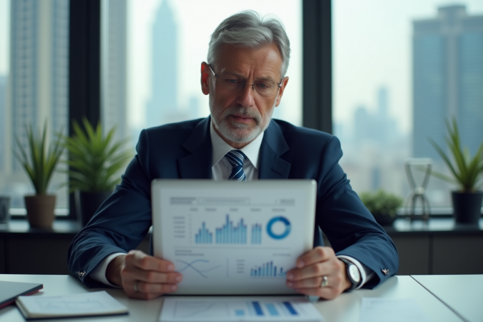 Analyste financier en bureau avec rapport sur l'argent