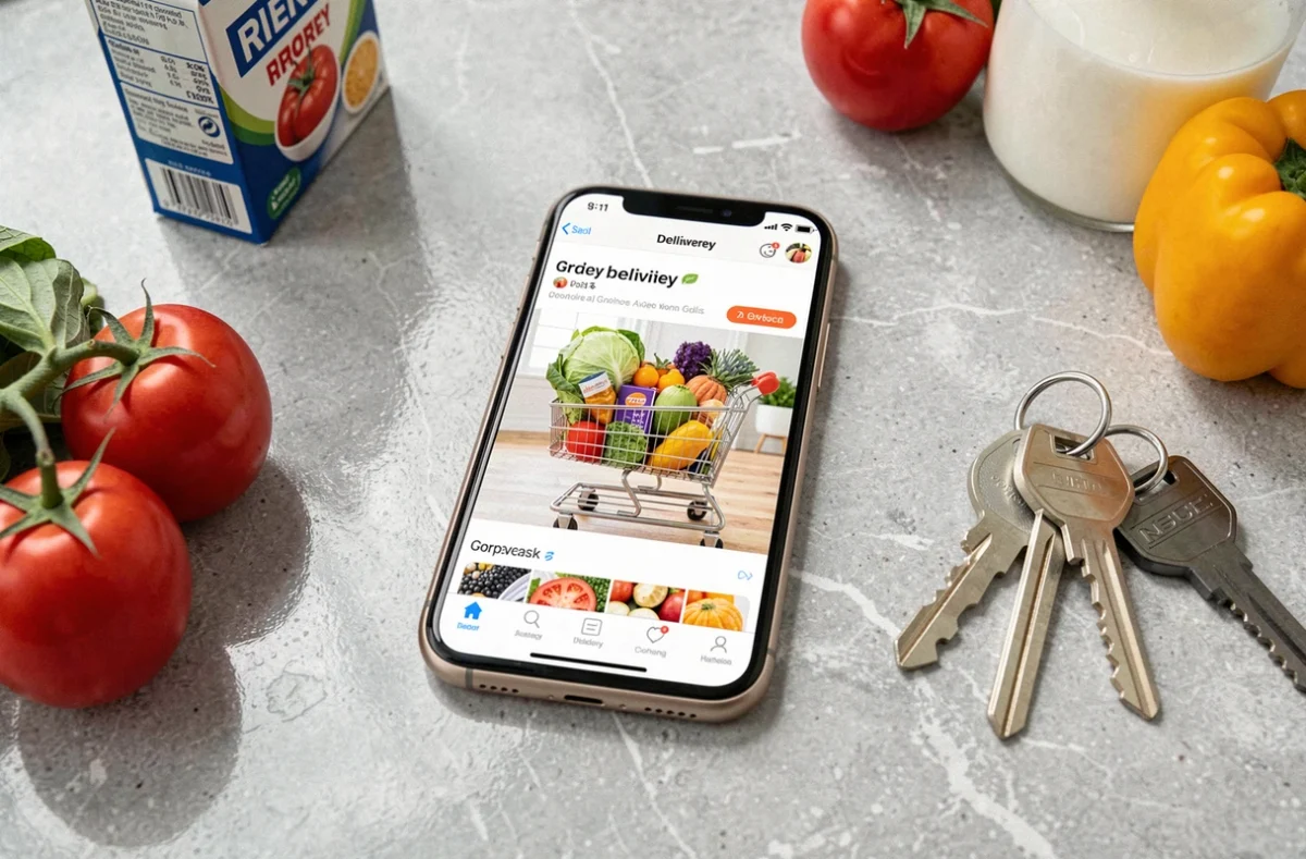 Smartphone affichant une application de courses en ligne avec un panier plein posé sur un comptoir de cuisine