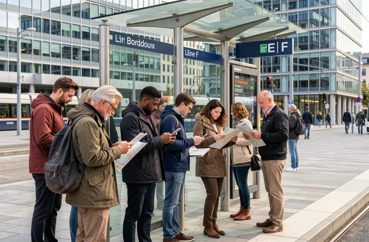 Voyageurs attendant aux arrêts des lignes E et F du tramway de Bordeaux avec panneau d'information