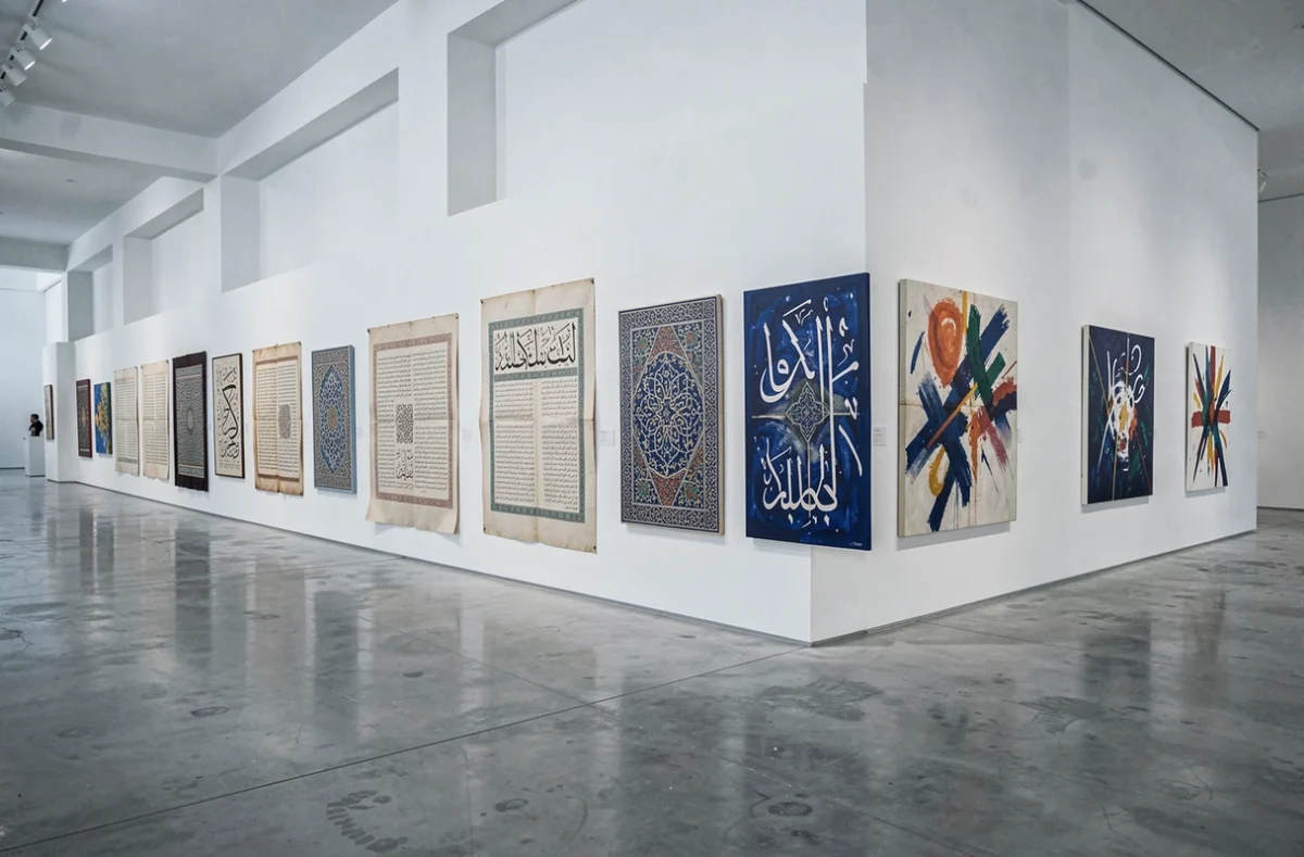 Installation d'art mêlant calligraphie arabe, motifs islamiques et peinture contemporaine dans une galerie minimaliste