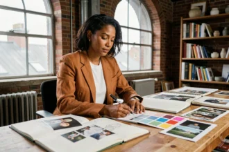Artiste femme nord-africaine dans son atelier de création, entourée de carnets de croquis et d'œuvres d'art, regard réfléchi
