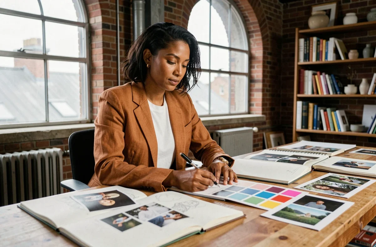 Artiste femme nord-africaine dans son atelier de création, entourée de carnets de croquis et d'œuvres d'art, regard réfléchi