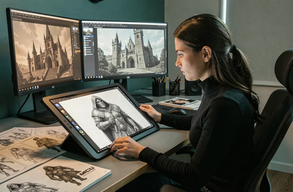 Artiste conceptuelle travaillant sur le design d'un personnage blindé pour une production Marvel, devant une tablette graphique dans un studio de conception cinématographique