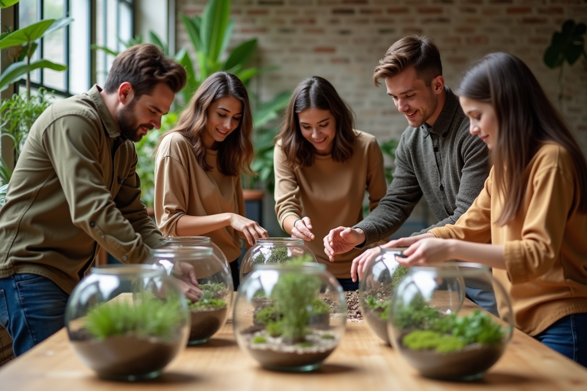 Groupe divers construisant des terrariums dans un studio parisien
