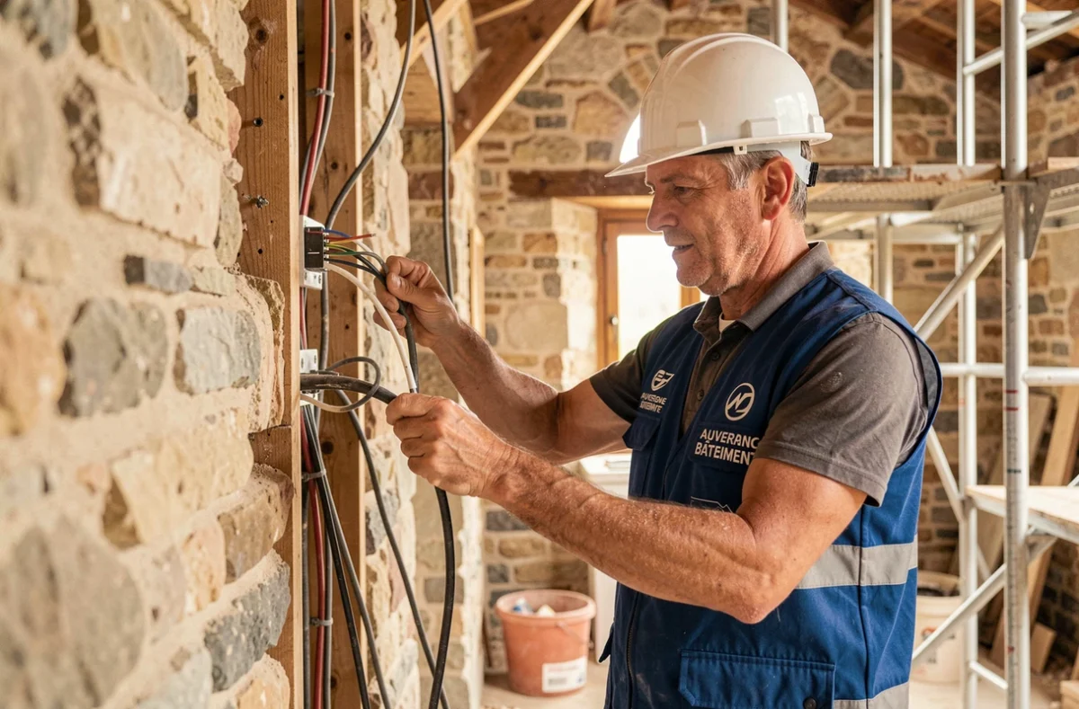 Technicien d'Auvergne Assistance Bâtiment inspectant le câblage électrique d'un bâtiment en rénovation