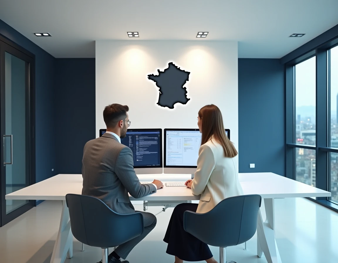 Équipe d'Axlaw travaillant dans un bureau moderne reliant les cabinets de Rouen et Paris