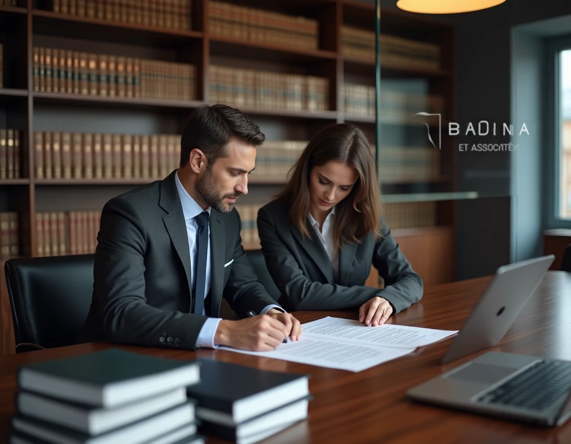Deux avocats du cabinet BADINA et Associés examinant un contrat d'affaires dans une salle de réunion professionnelle