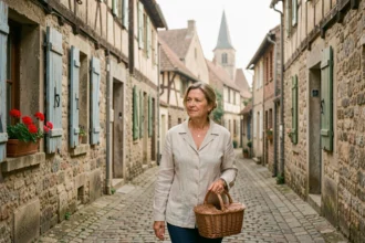 Femme se promenant dans une rue pavée du village de Saralbe avec maisons en pierre et colombages typiques du centre-ville