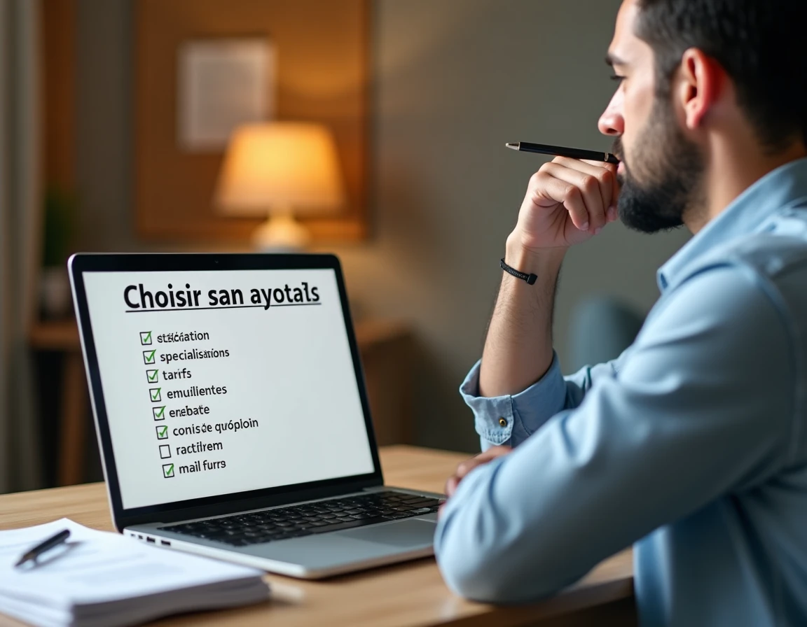 Personne consultant une liste de critères pour bien choisir son avocat à Rouen sur son ordinateur