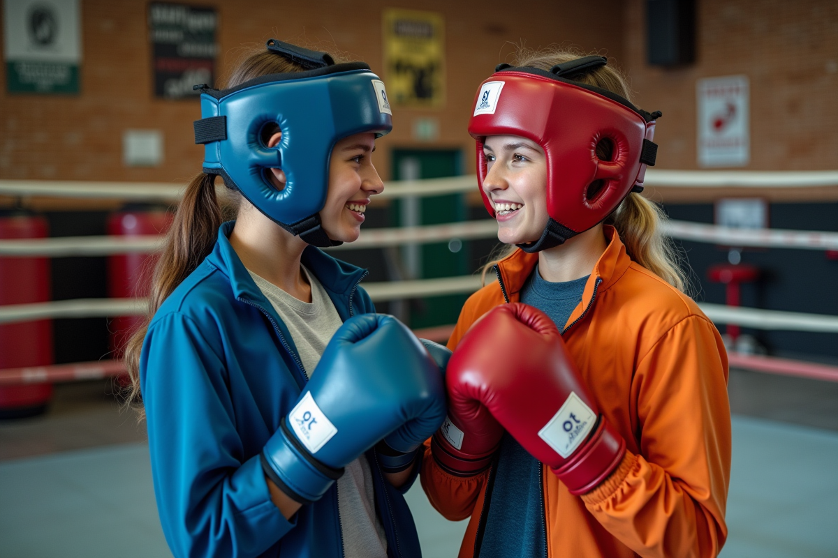 Deux boxeuses amateurs discutant près des cordes