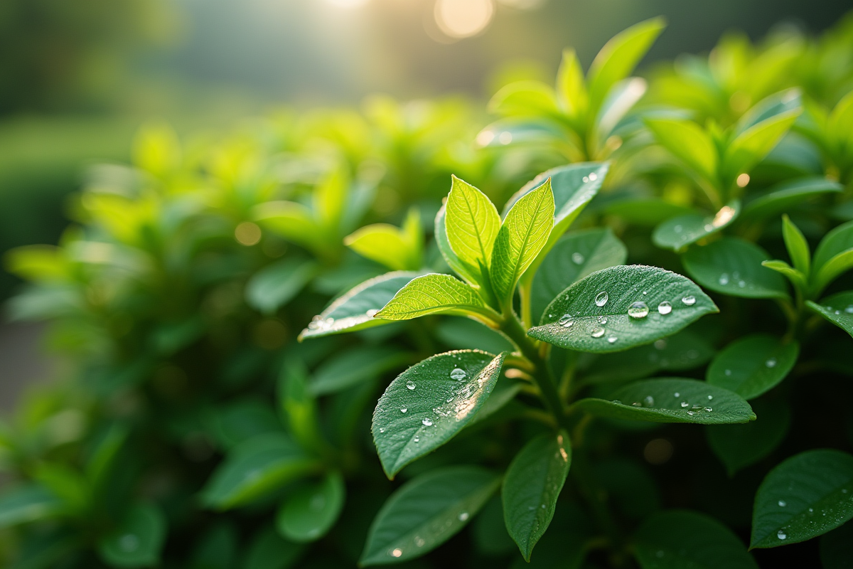 Buisson japonais vert sous lumière naturelle en matinée
