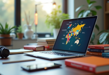 Espace de travail moderne avec ordinateur et dictionnaires pour traduction