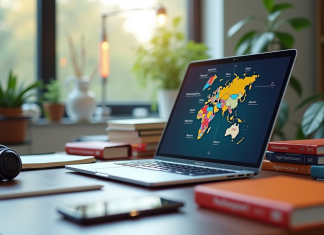 Logiciel de traduction : quelles solutions utiliser pour traduire efficacement ? Espace de travail moderne avec ordinateur et dictionnaires pour traduction