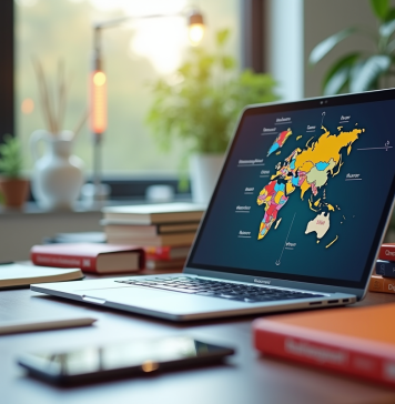 Espace de travail moderne avec ordinateur et dictionnaires pour traduction