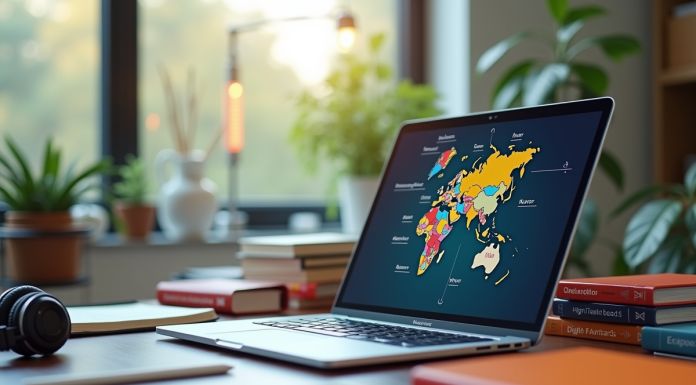 Espace de travail moderne avec ordinateur et dictionnaires pour traduction
