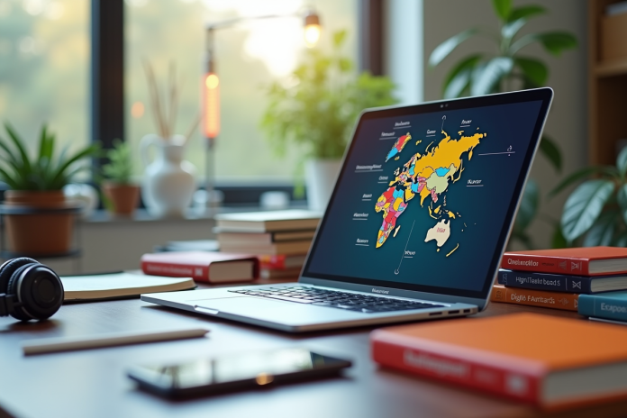 Espace de travail moderne avec ordinateur et dictionnaires pour traduction
