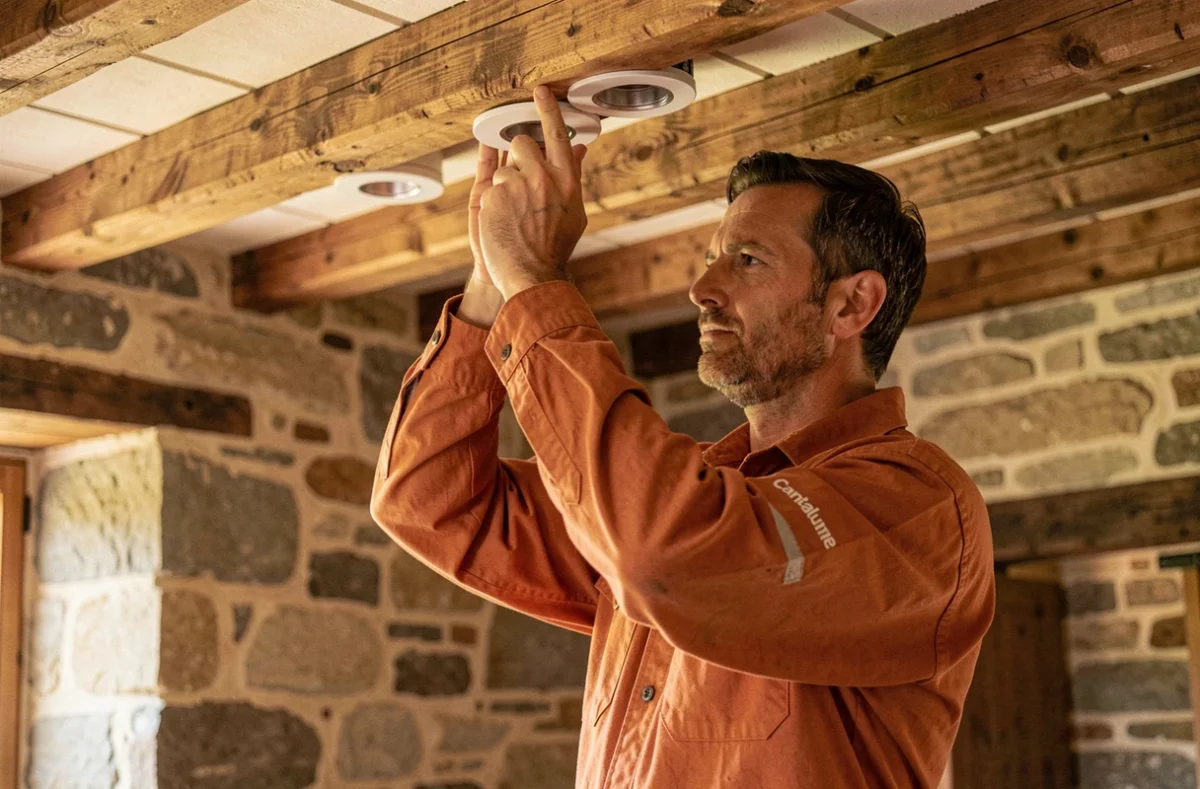 Technicien de Cantalume installant des spots encastrés dans le plafond d'une ferme auvergnate restaurée