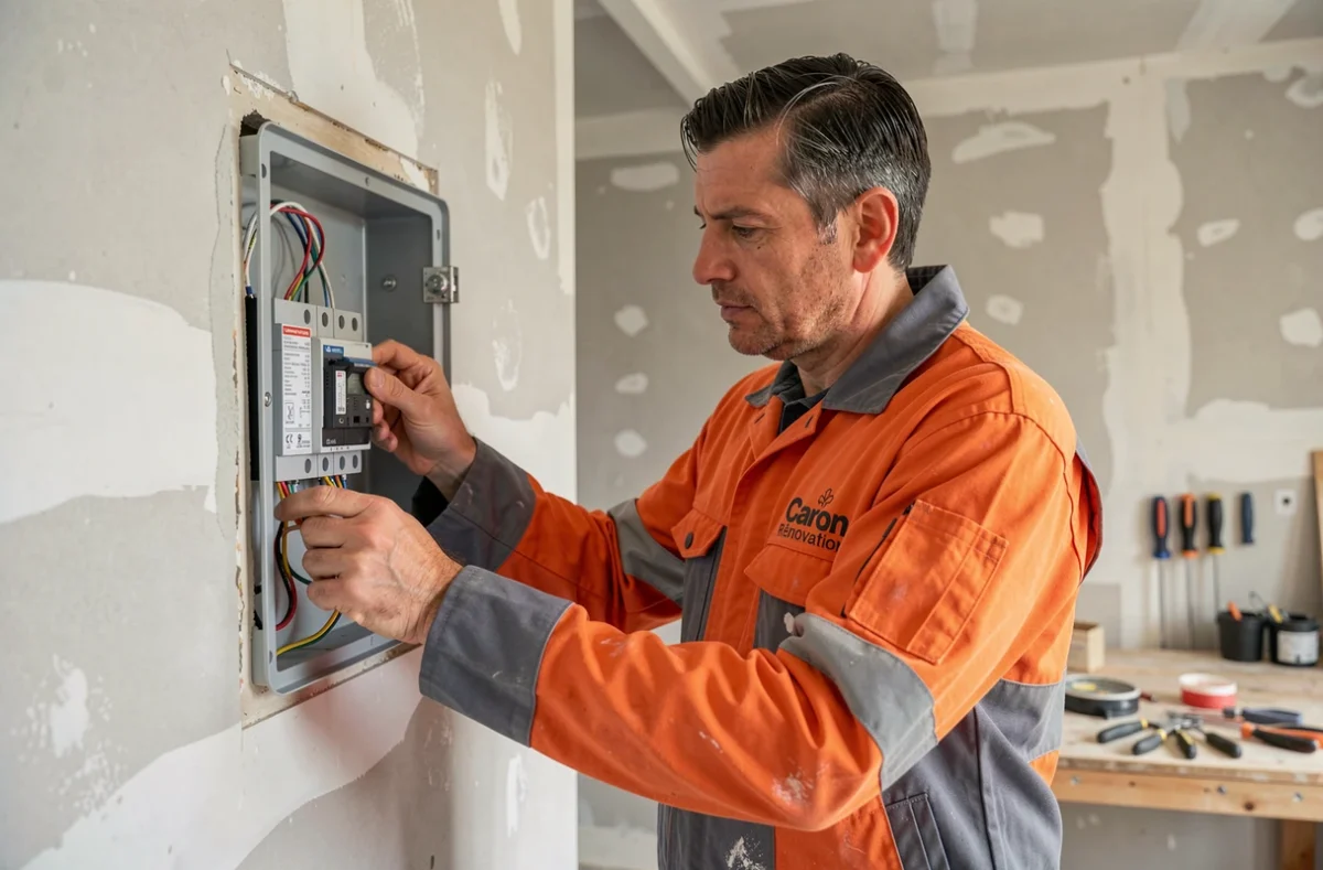 Technicien de Caron Rénovation Construction inspectant un tableau électrique dans un appartement rénové
