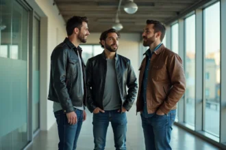 Acteurs du casting Spider-Man en tenue civile discutant dans un lobby de studio de cinéma moderne