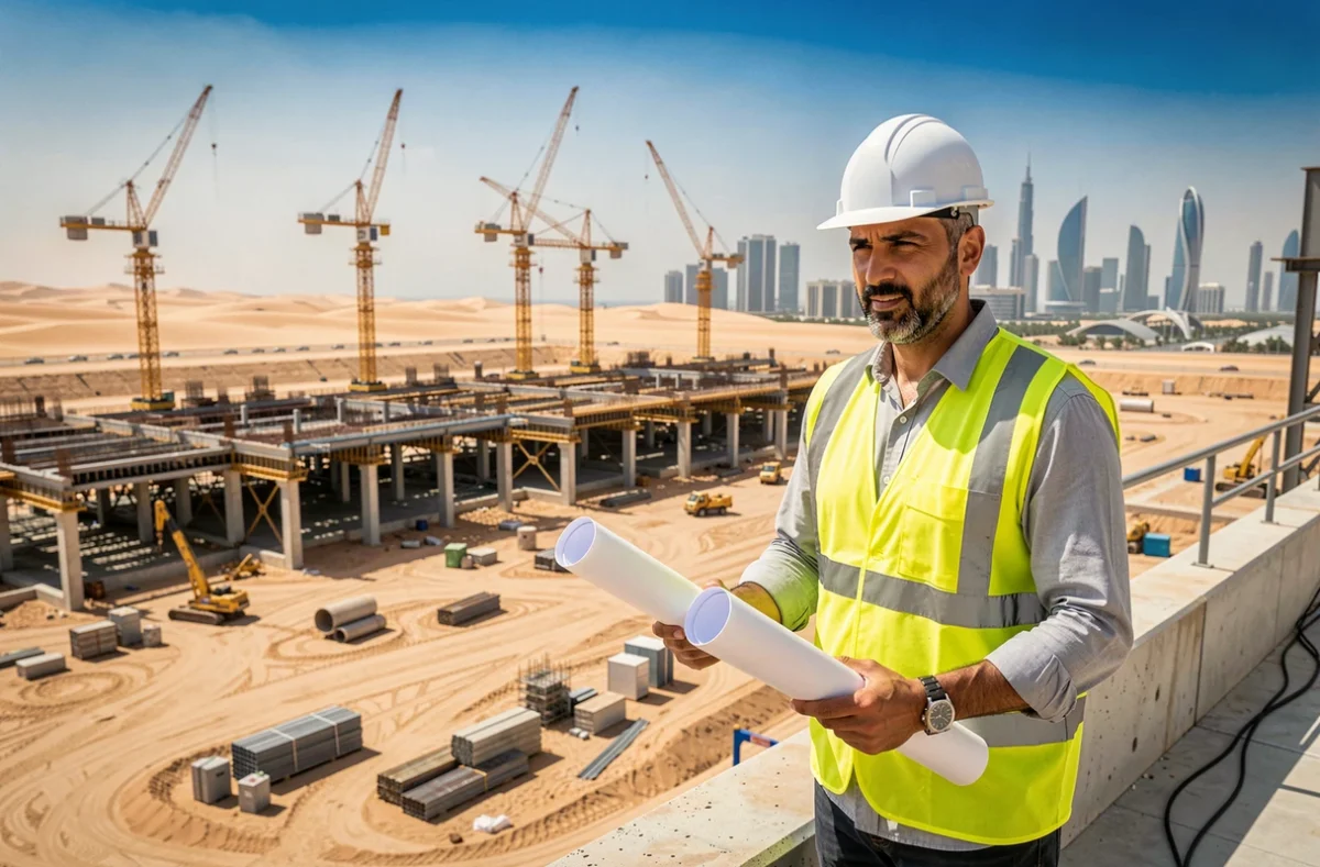 Ingénieur émirati supervisant un grand chantier de construction à Dubaï, symbolisant le développement urbain et la vision ambitieuse de Sheikh Mohammed pour la ville-monde