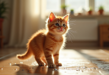 Chaton ginger mouillé dans la cuisine avec regard curieux