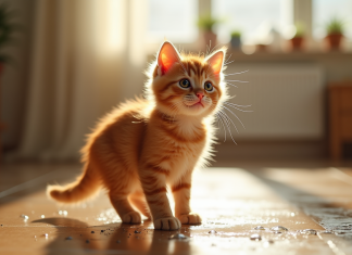 Chaton ginger mouillé dans la cuisine avec regard curieux