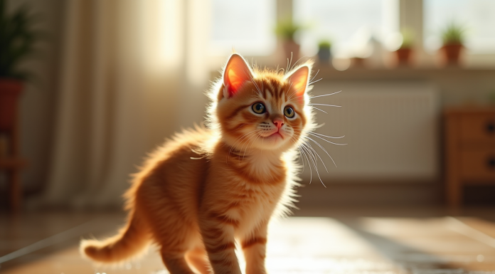 Chaton ginger mouillé dans la cuisine avec regard curieux