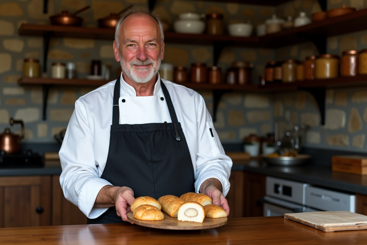 Chef français tenant un plateau de foie gras artisanal