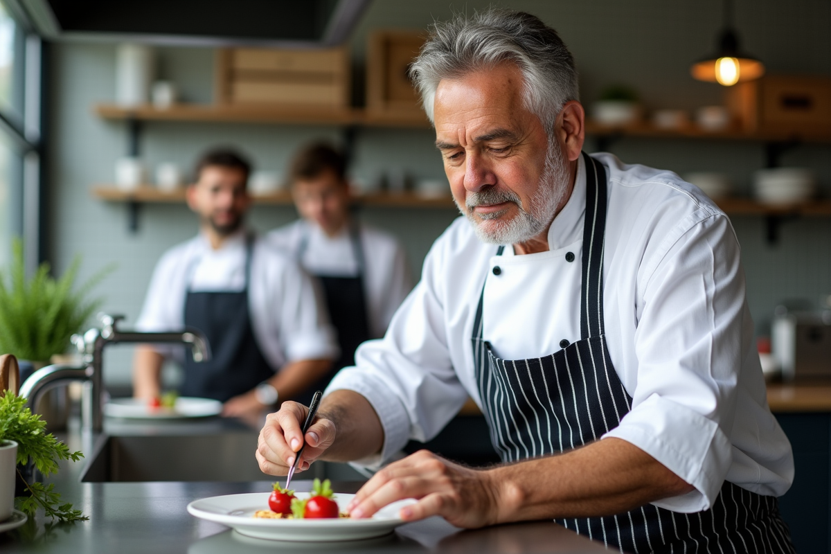 Chef en train de dresser un dessert avec précision