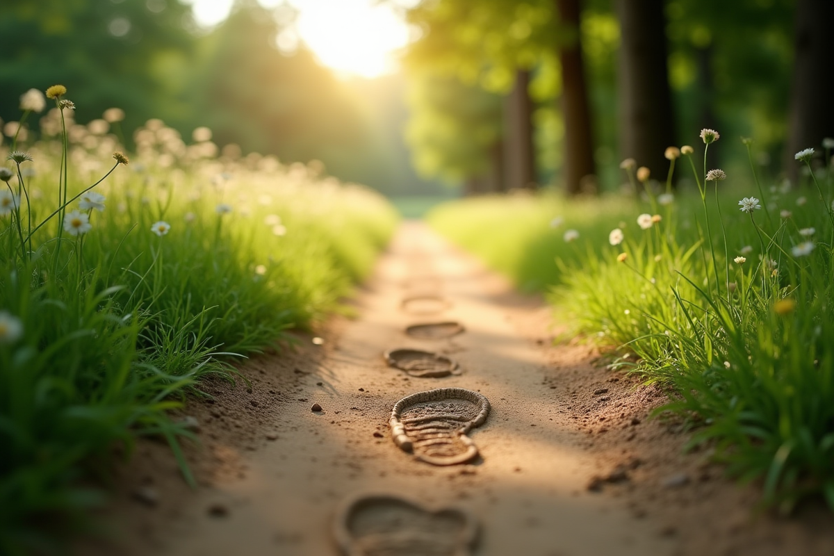 Sentier rural avec empreintes dans la terre verte
