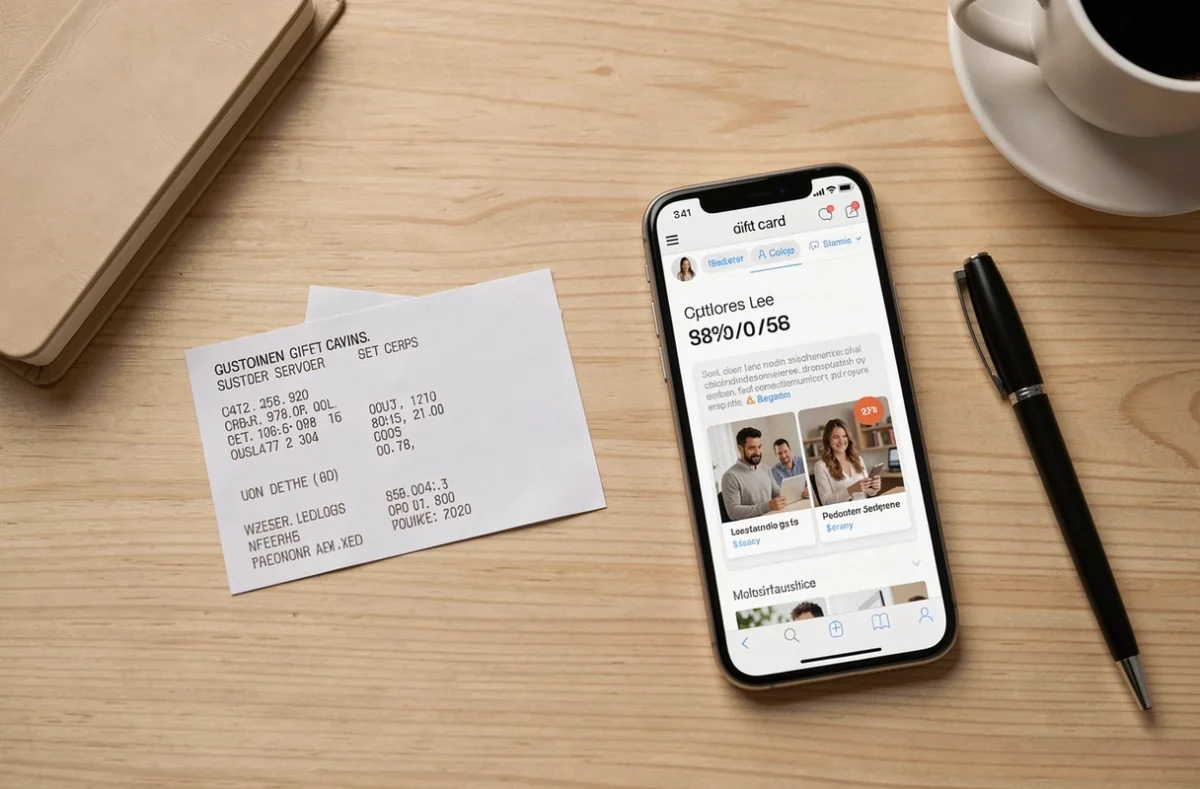Vue de dessus d'un chèque cadeau Infini périmé posé sur un bureau avec un smartphone, un reçu et un stylo pour contacter le service client