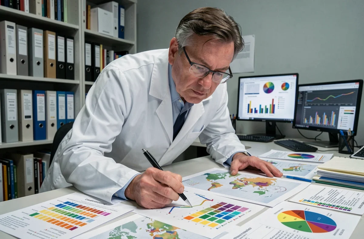 Chercheur en blouse blanche analysant des données statistiques sur la distribution mondiale des couleurs d'yeux