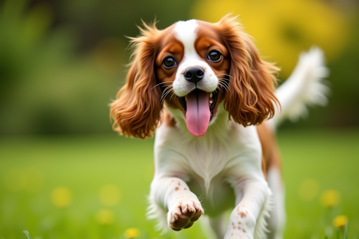 Chien cavalier en plein jeu dans un jardin vert