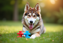 Chien loup mix joyeux jouant avec un jouet interactif